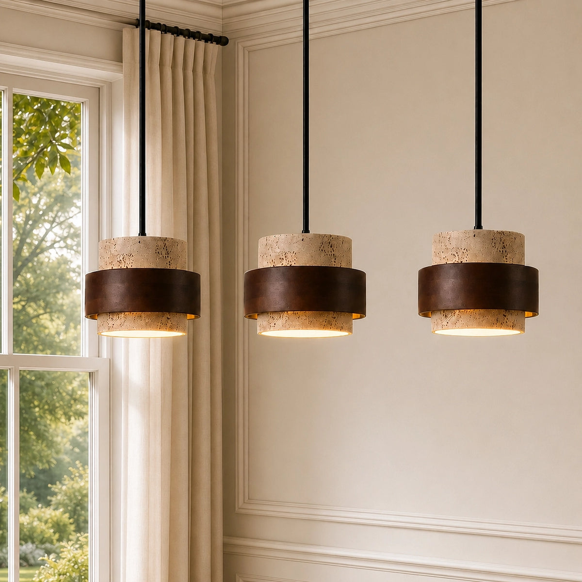 Natural Wooden Travertine Walnut Cylinder Pendant Light