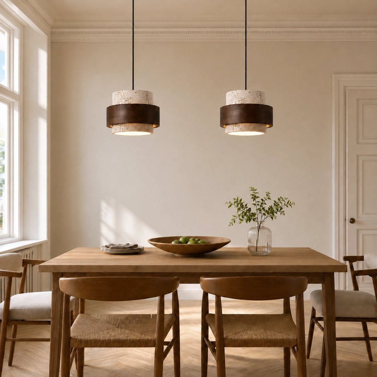 Natural Wooden Travertine Walnut Cylinder Pendant Light