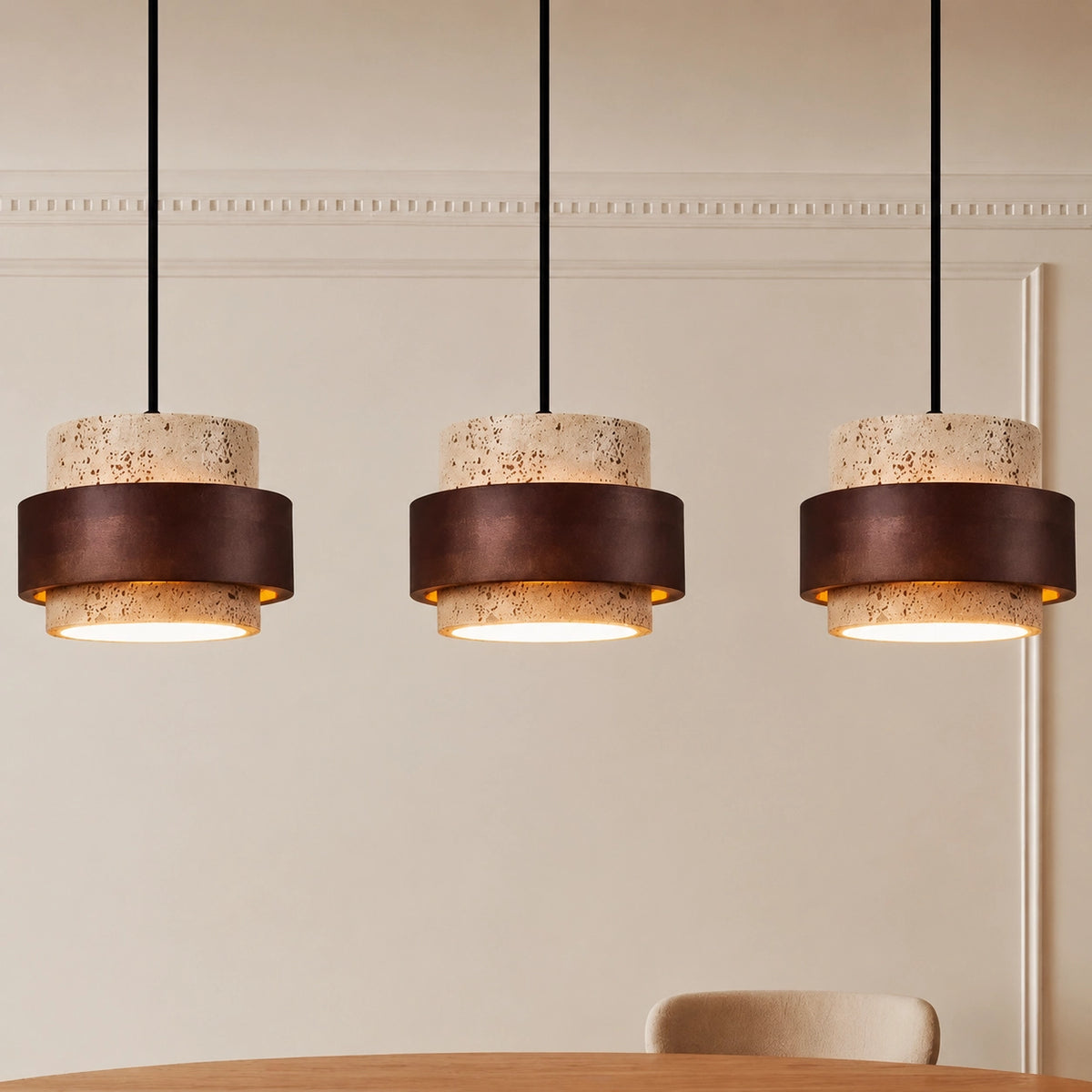 Natural Wooden Travertine Walnut Cylinder Pendant Light