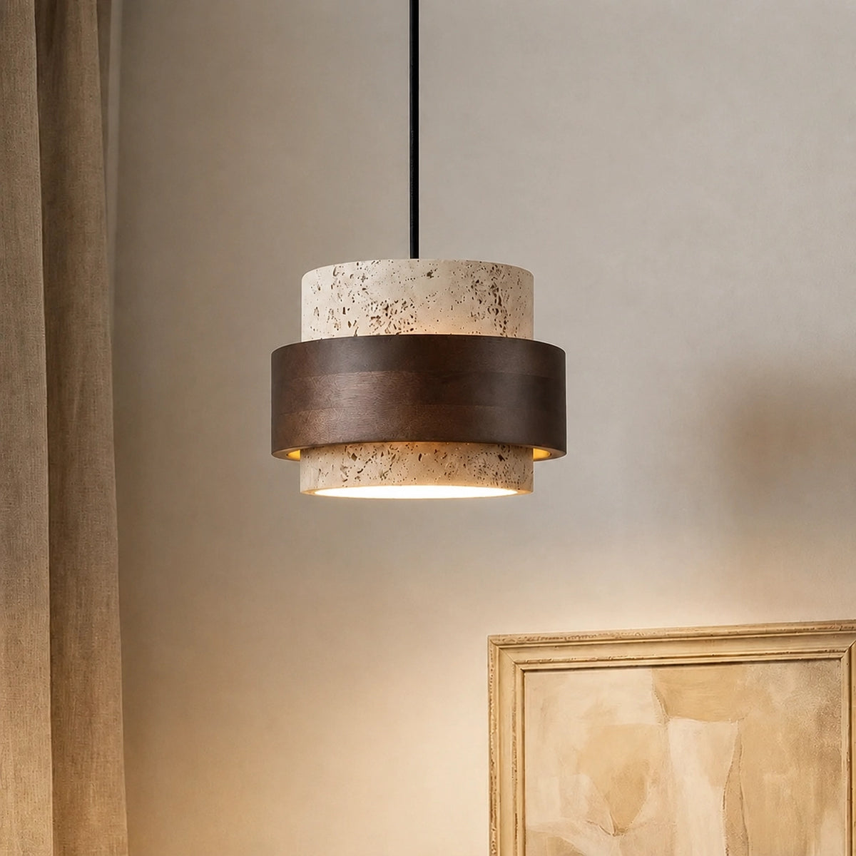 Natural Wooden Travertine Walnut Cylinder Pendant Light