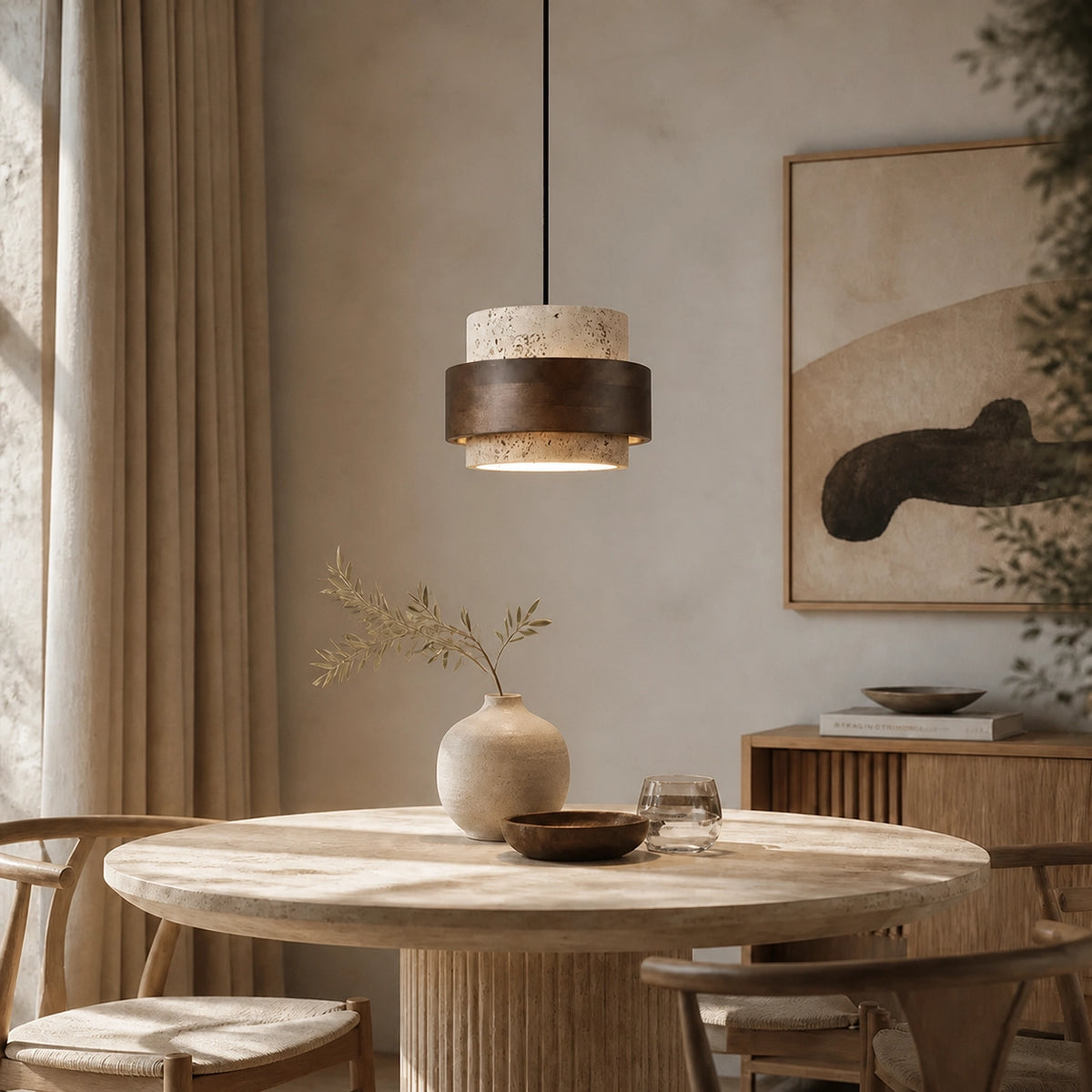 Natural Wooden Travertine Walnut Cylinder Pendant Light