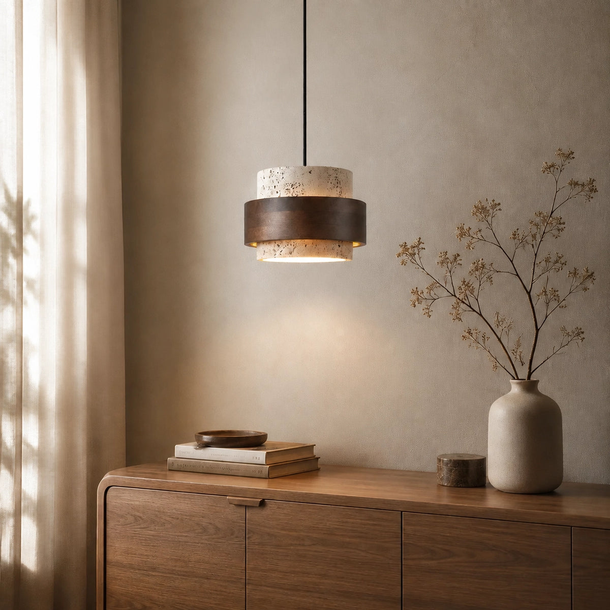 Natural Wooden Travertine Walnut Cylinder Pendant Light