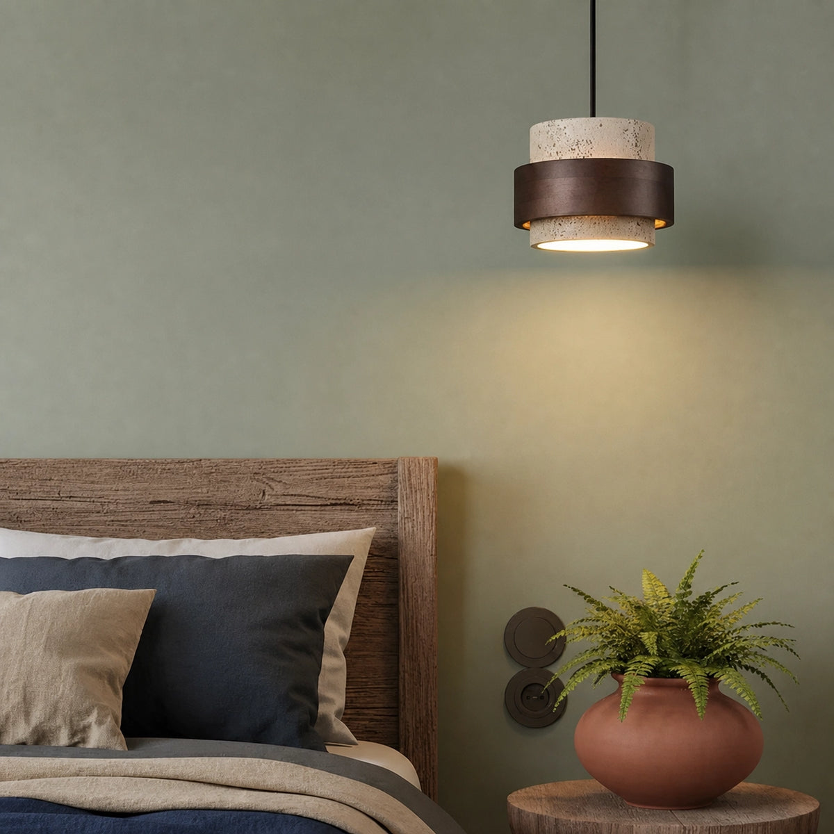 Natural Wooden Travertine Walnut Cylinder Pendant Light