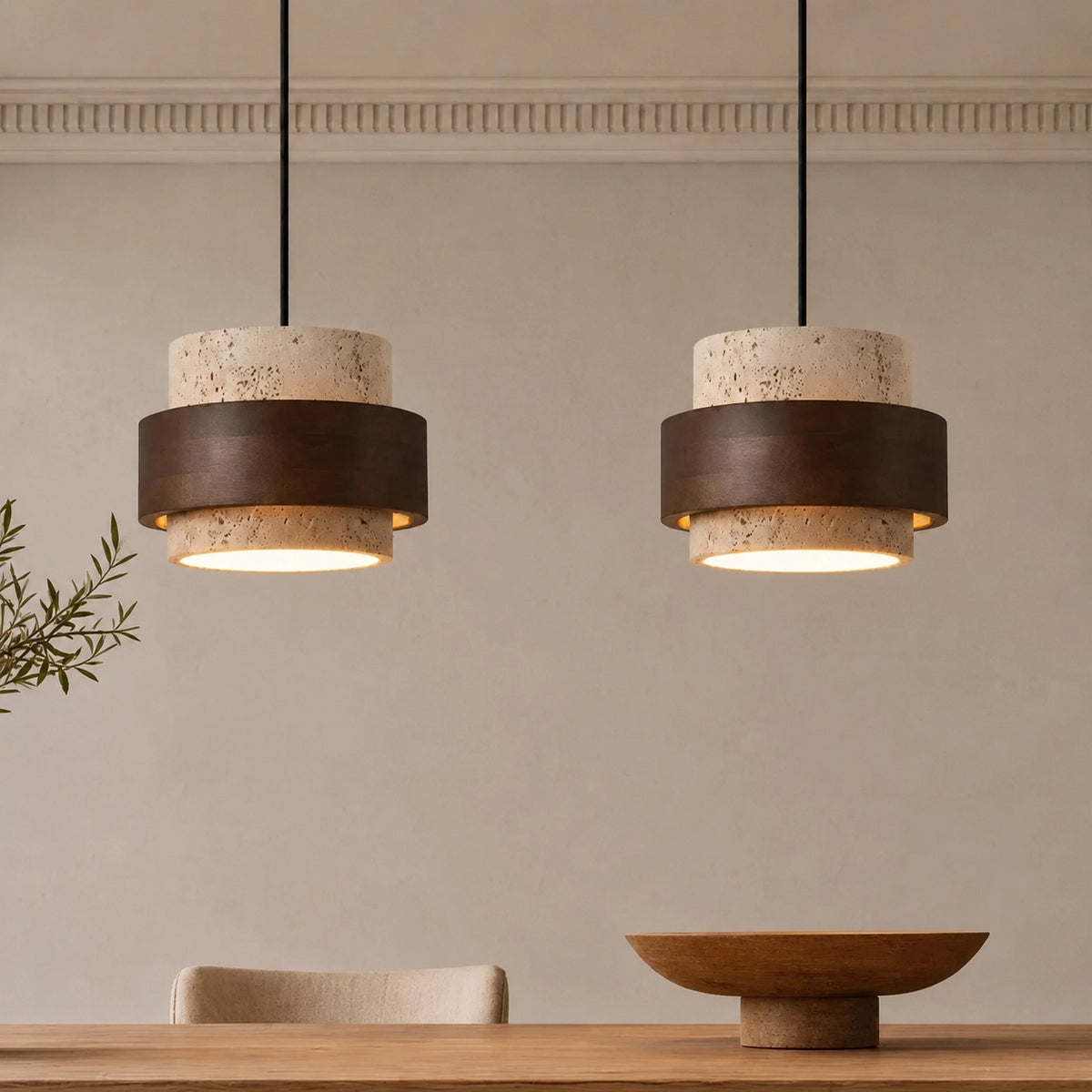 Natural Wooden Travertine Walnut Cylinder Pendant Light