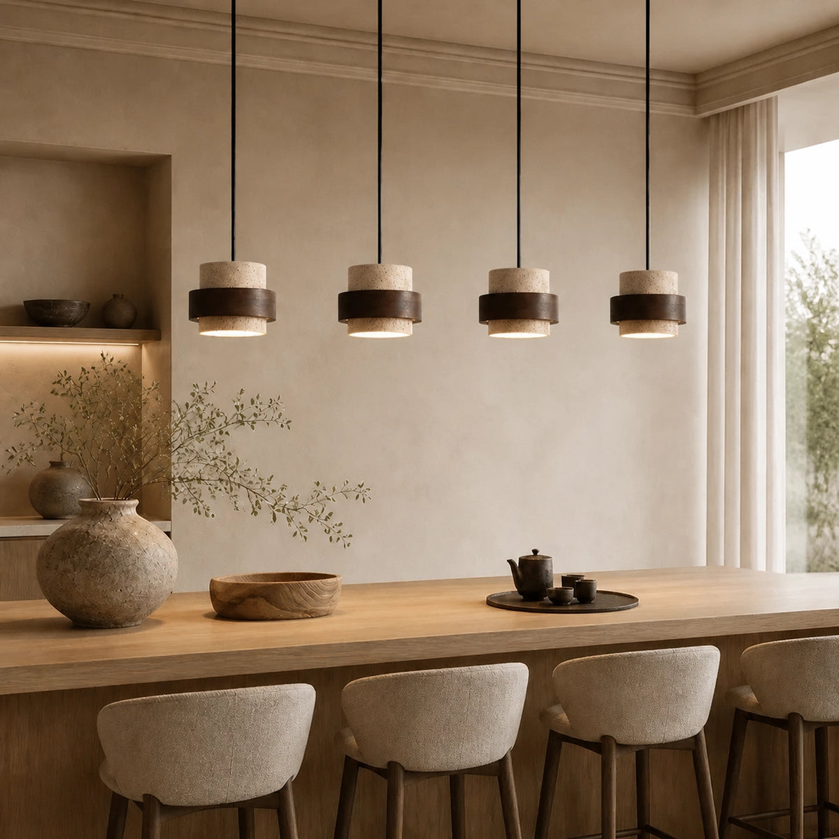 Natural Wooden Travertine Walnut Cylinder Pendant Light