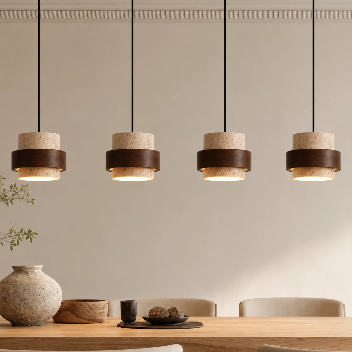 Natural Wooden Travertine Walnut Cylinder Pendant Light