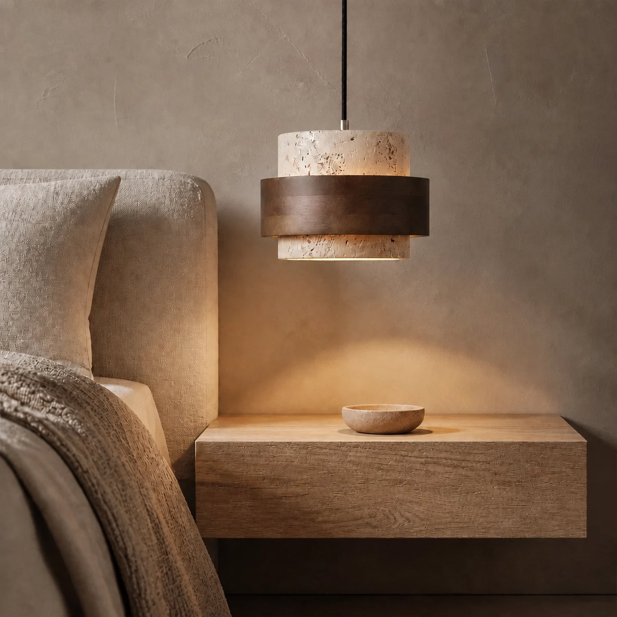Natural Wooden Travertine Walnut Cylinder Pendant Light