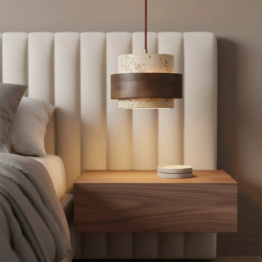 Natural Wooden Travertine Walnut Cylinder Pendant Light