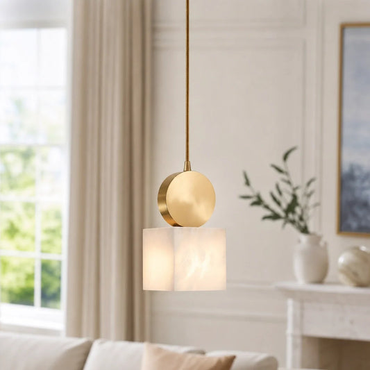 Nordic Brass & Alabaster Cylinder Pendant Light