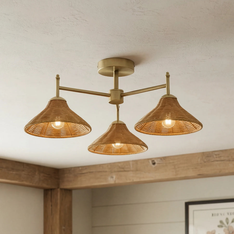 Classic Rattan 3 Light Semi-Flush Ceiling Light for Dining Room & Living Room