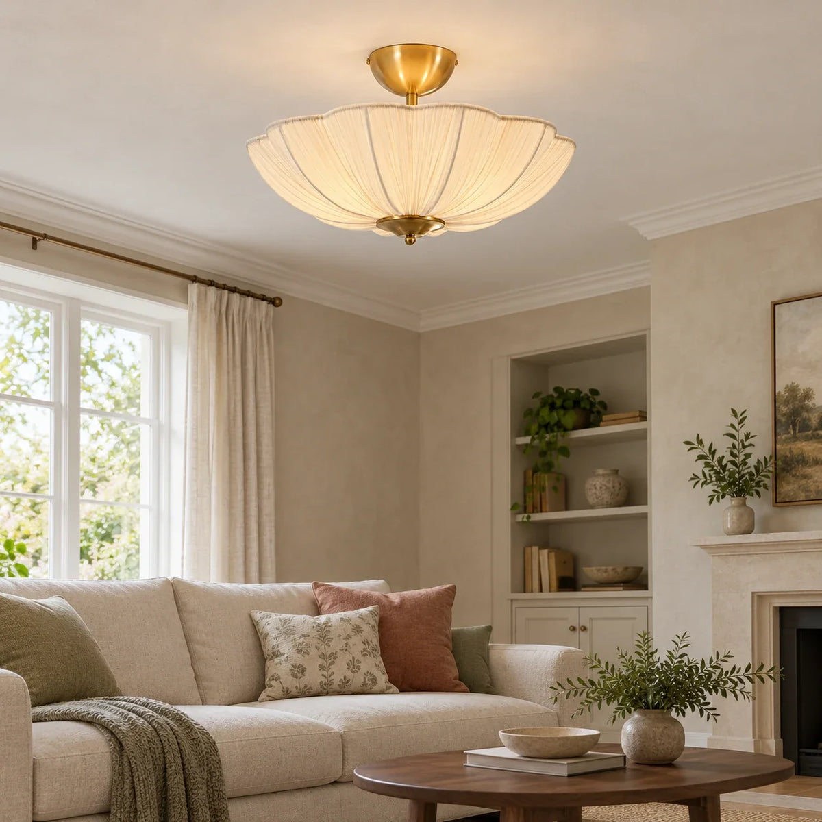 Pleated flower ceiling light softly lit in a living room
