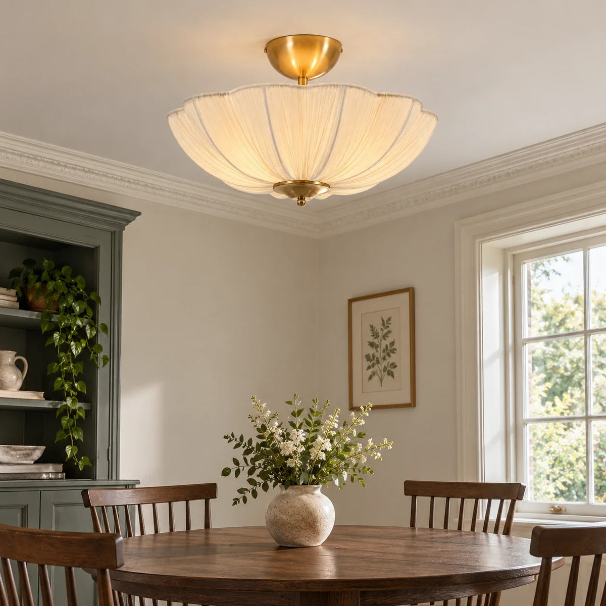 Flower fabric ceiling light above an oak dining table