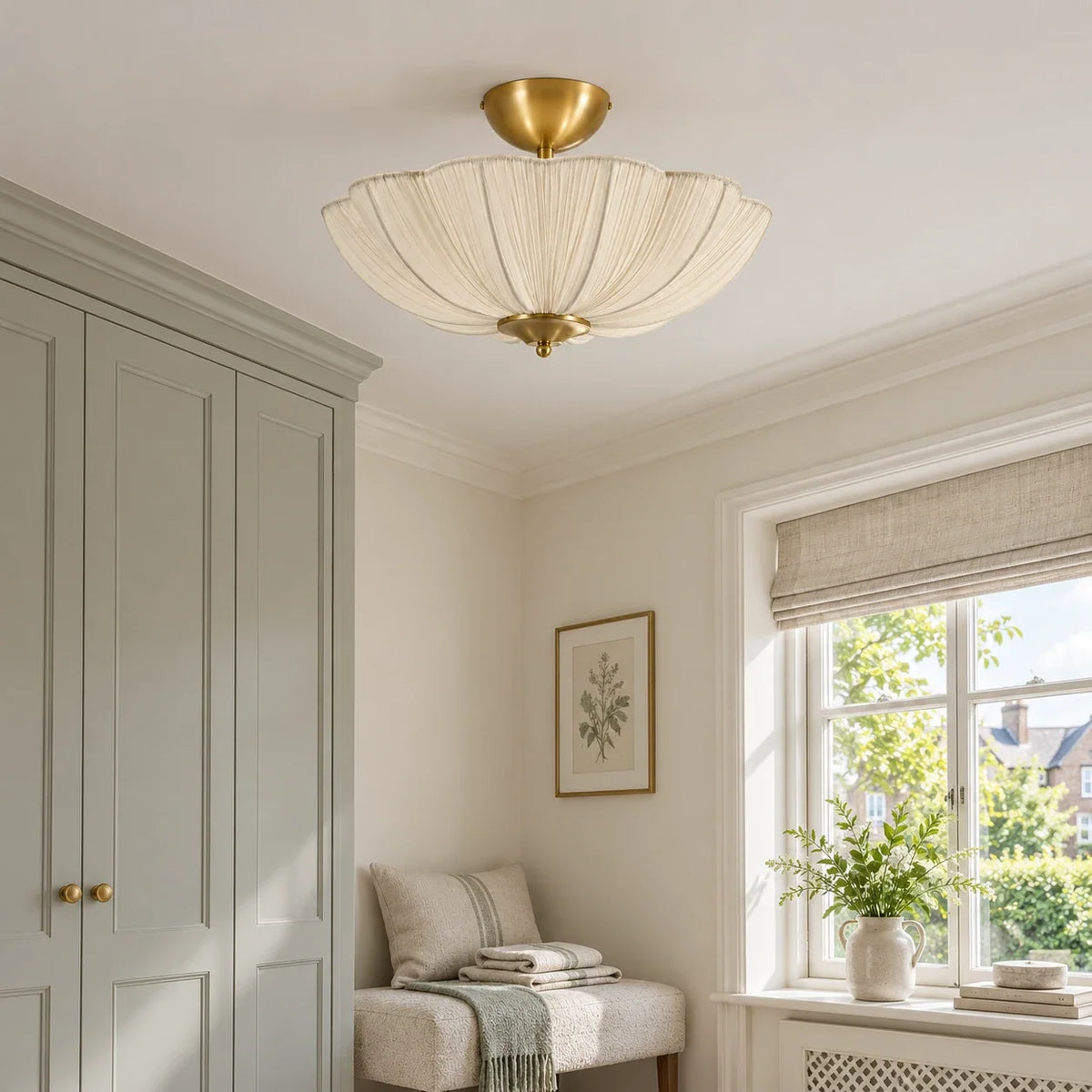 Ivory flower ceiling light in a bedroom dressing area