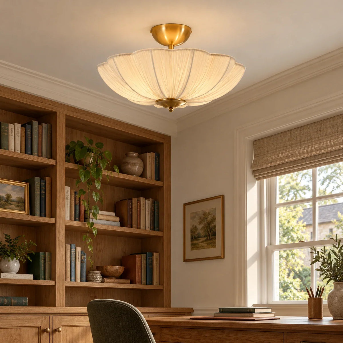 Fabric semi flush ceiling light in a walnut study
