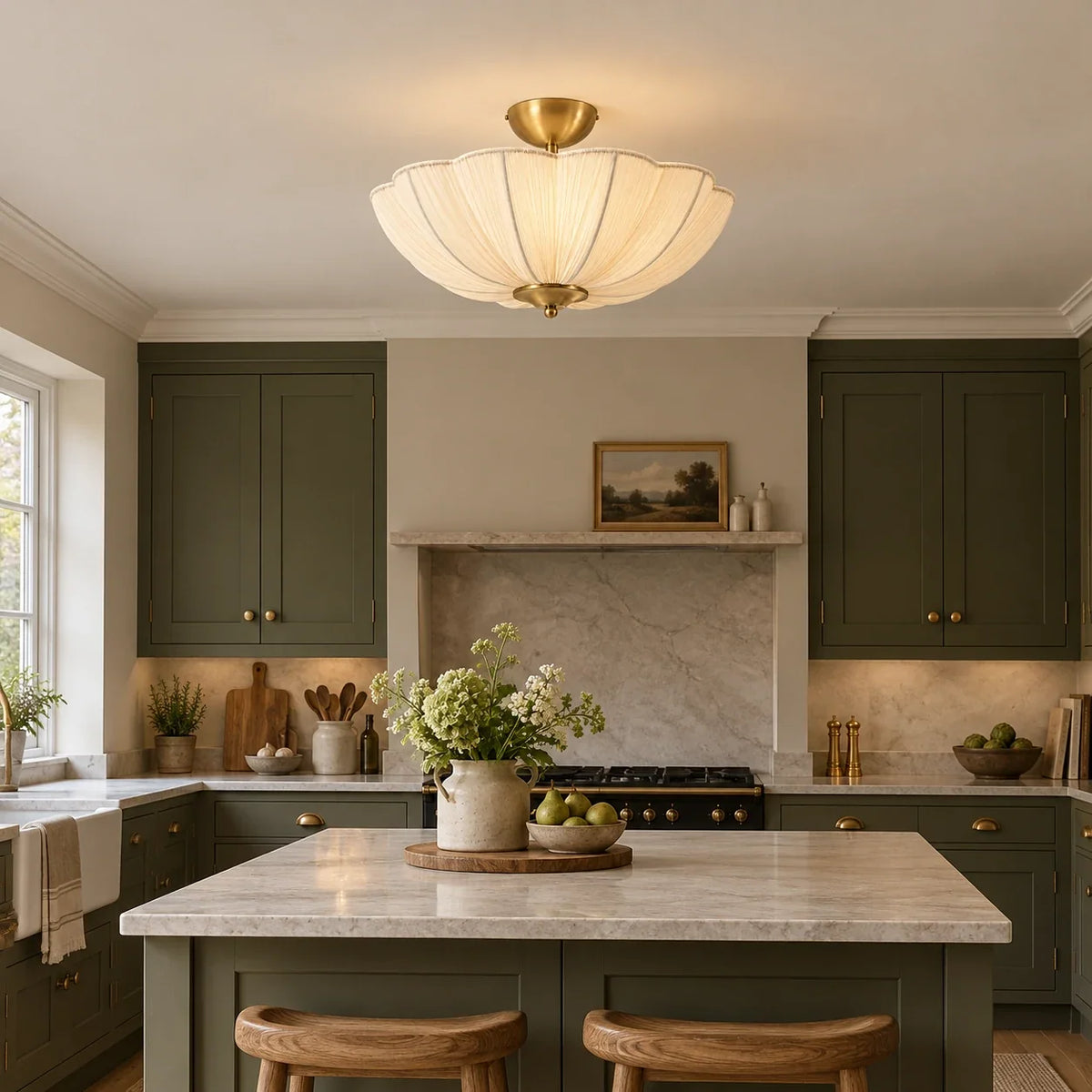 Pleated flower ceiling light centred over a British kitchen island