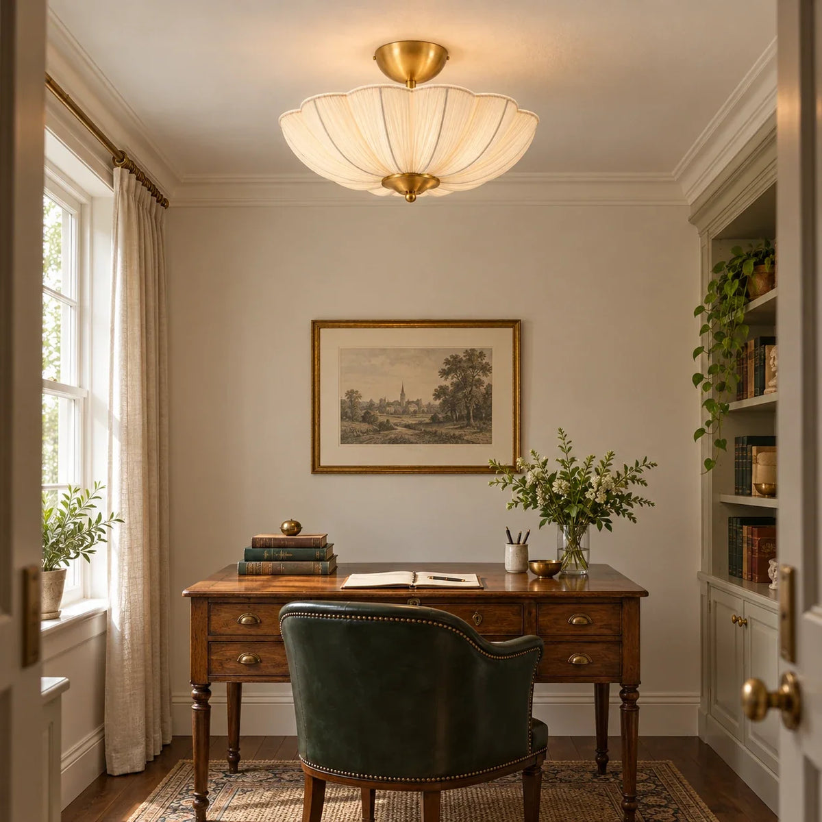 Pleated flower ceiling light centred over an oak writing desk