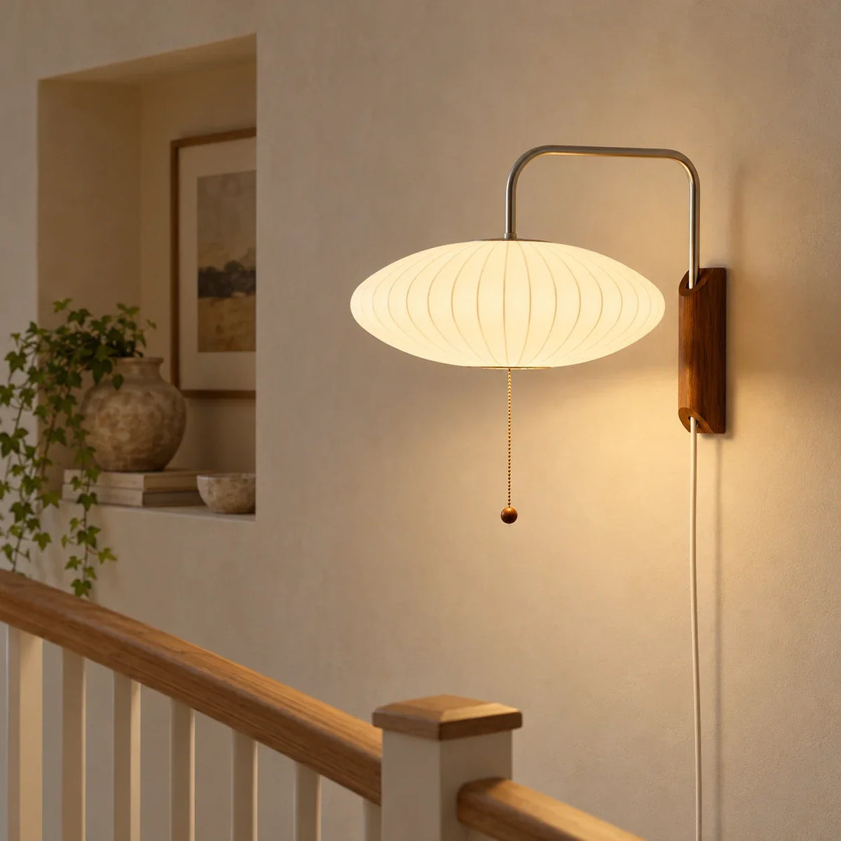 scene landing wide | Modern ribbed walnut wall light