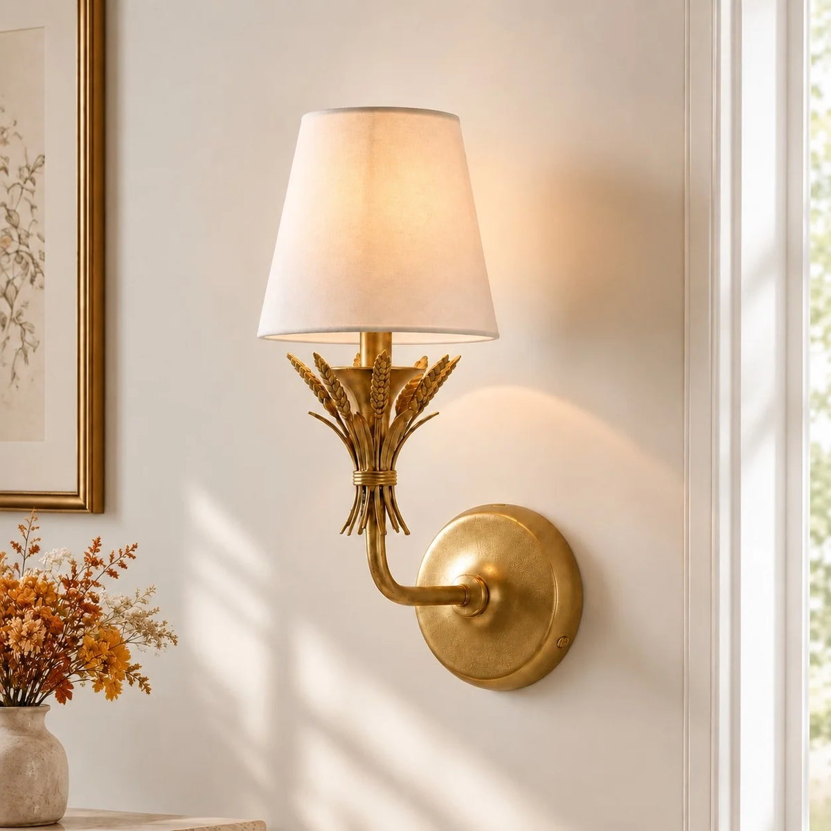 Rustic Botanical Antique Brass Wall Light with Linen Shade
