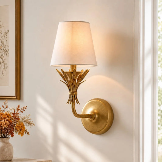 Rustic Botanical Antique Brass Wall Light with Linen Shade