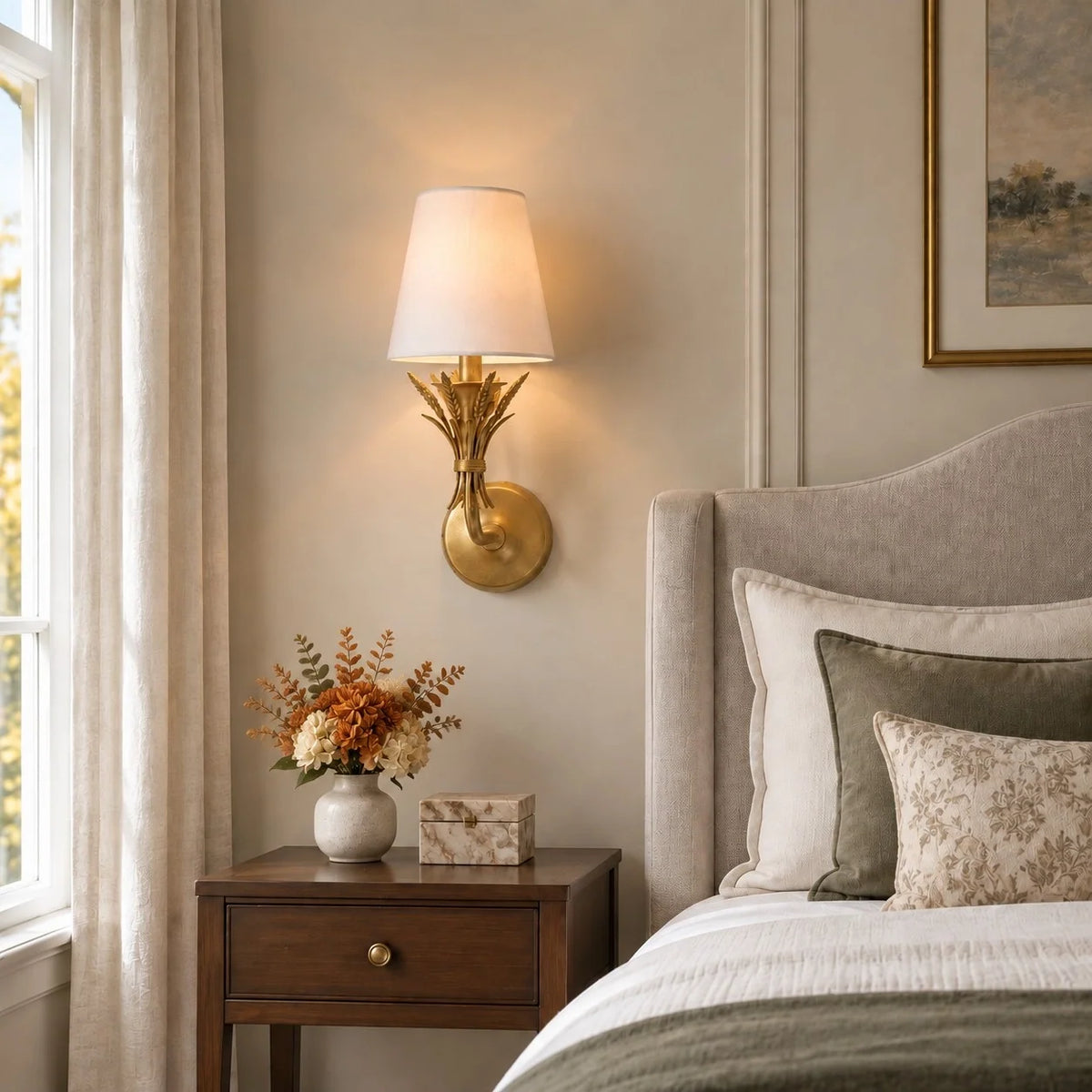 Rustic Botanical Antique Brass Wall Light with Linen Shade