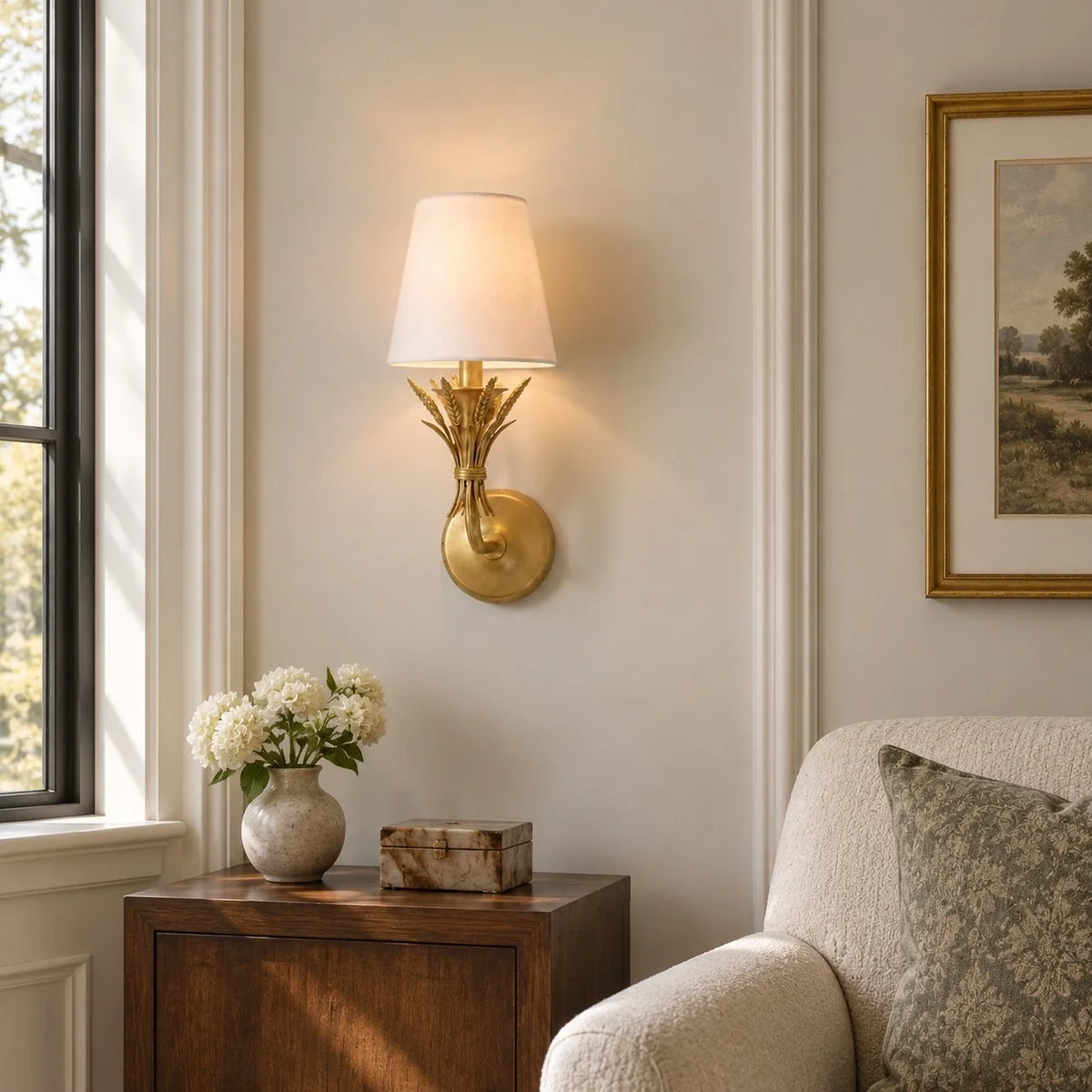 Rustic Botanical Antique Brass Wall Light with Linen Shade