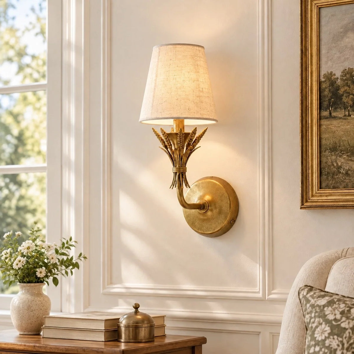 Rustic Botanical Antique Brass Wall Light with Linen Shade