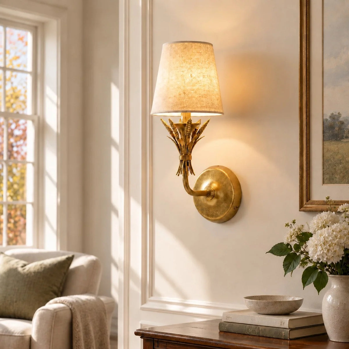 Rustic Botanical Antique Brass Wall Light with Linen Shade