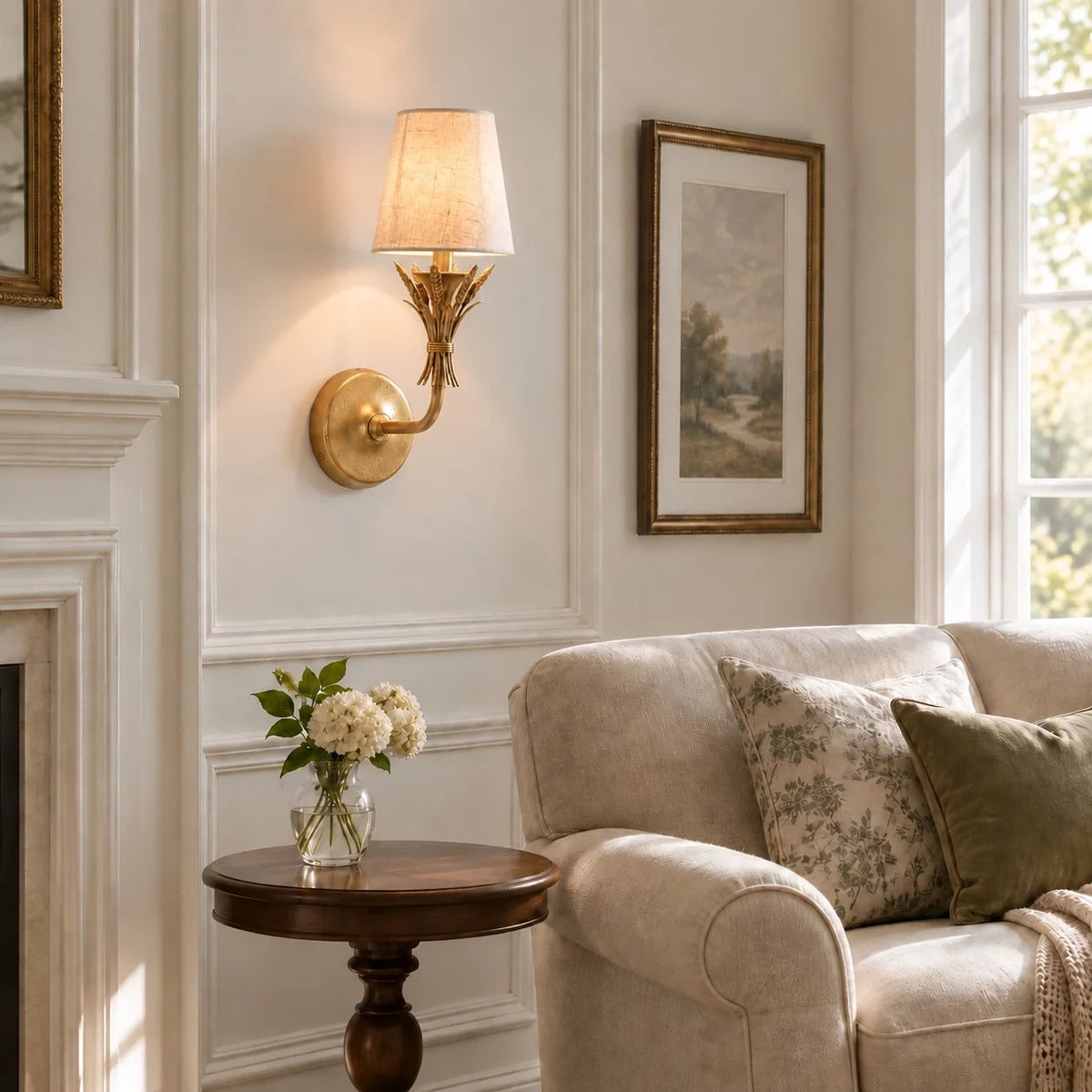 Rustic Botanical Antique Brass Wall Light with Linen Shade