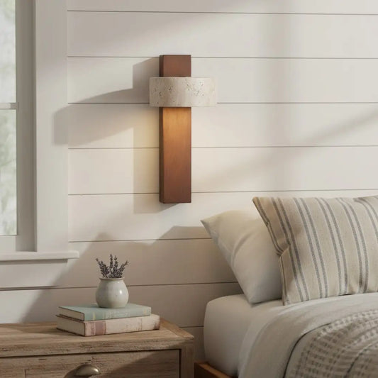Rustic Natural Rotatable Travertine Wood Wall Lamp