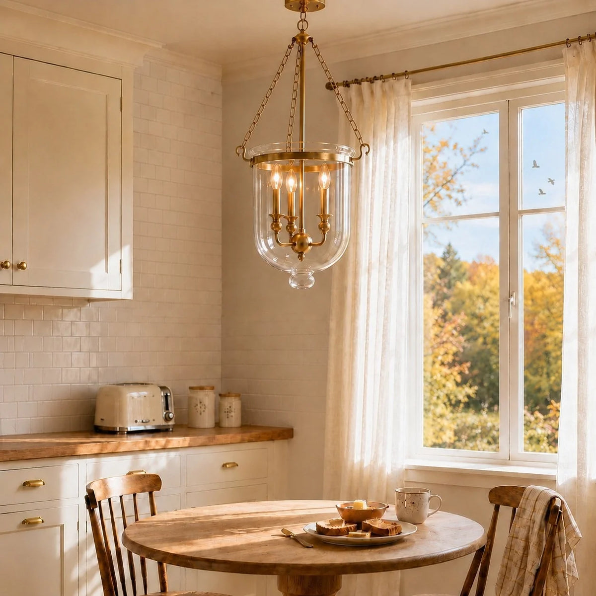 Traditional 3-Light Clear Glass Bell Jar Pendant Light in Antique Brass