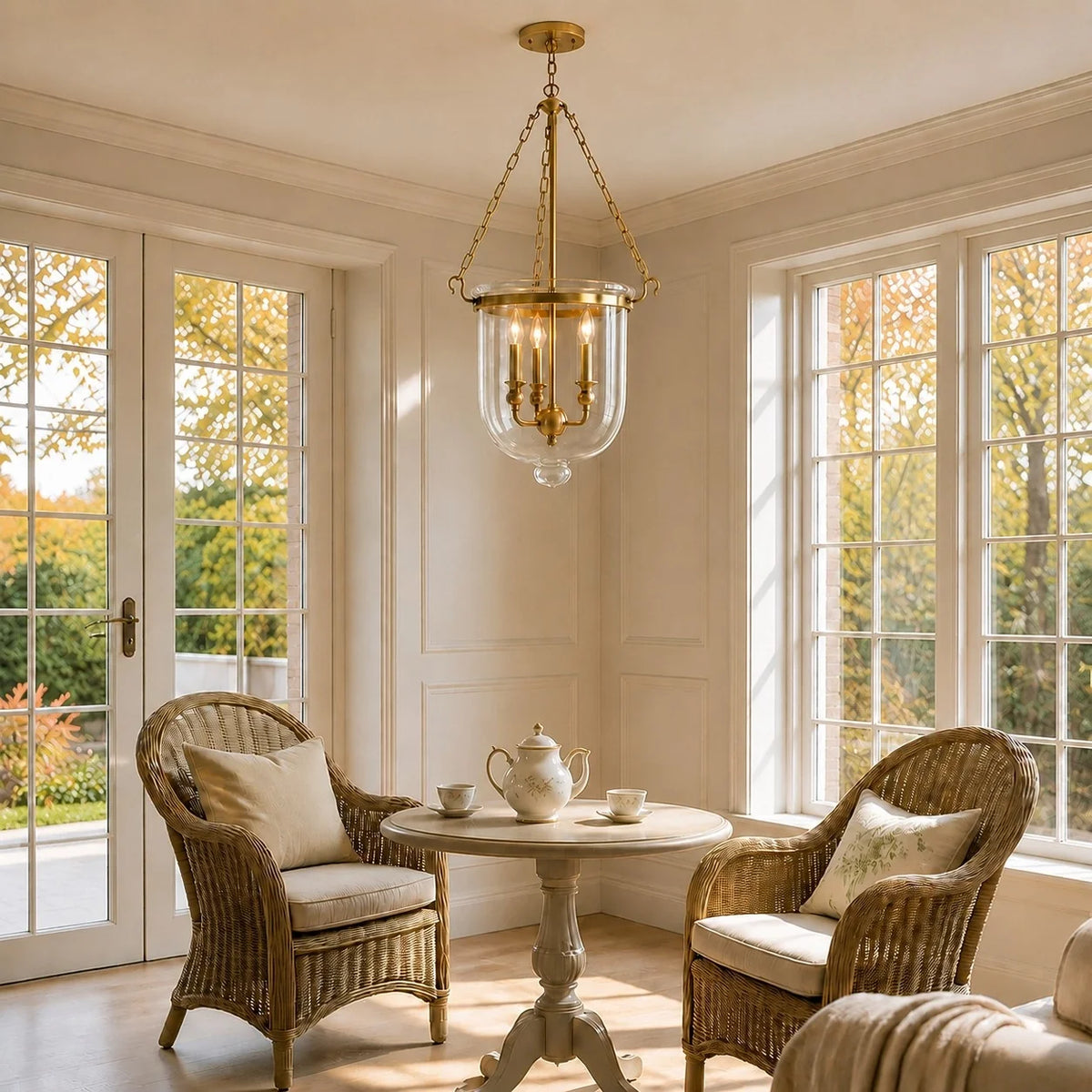 Traditional 3-Light Clear Glass Bell Jar Pendant Light in Antique Brass