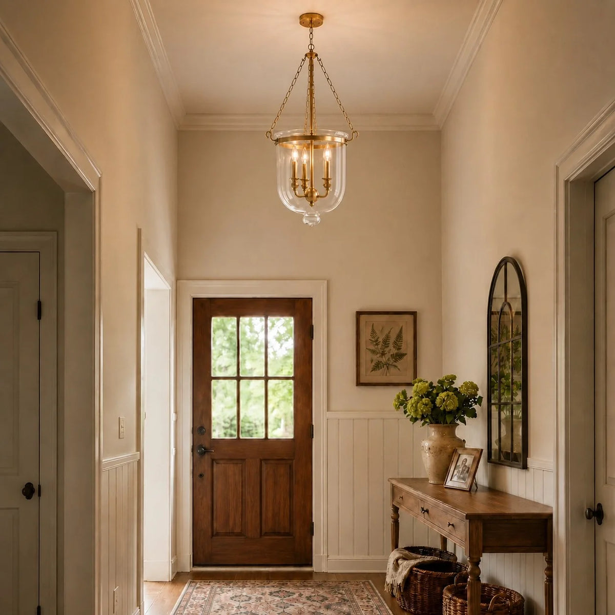 Traditional 3-Light Clear Glass Bell Jar Pendant Light in Antique Brass
