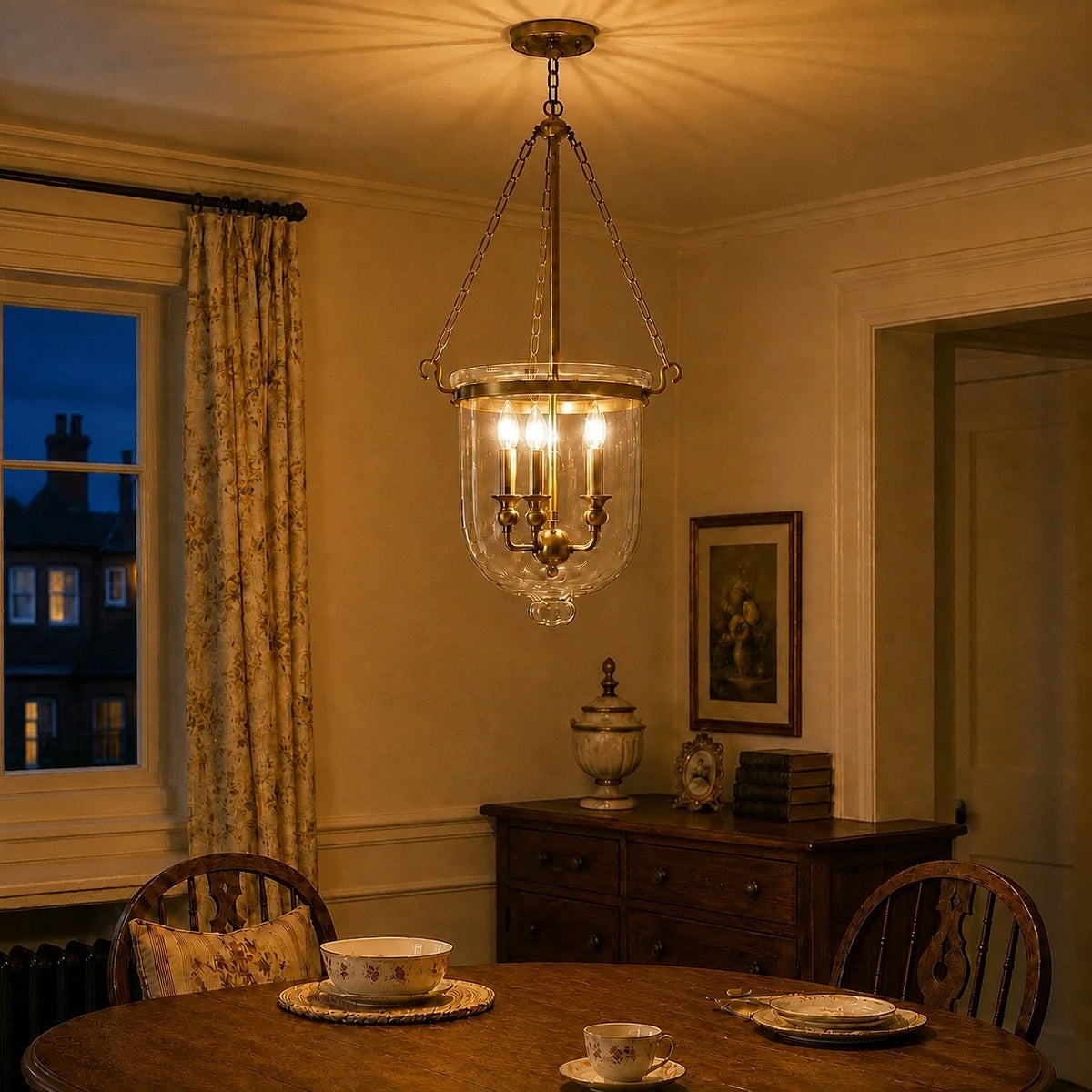 Traditional 3-Light Clear Glass Bell Jar Pendant Light in Antique Brass