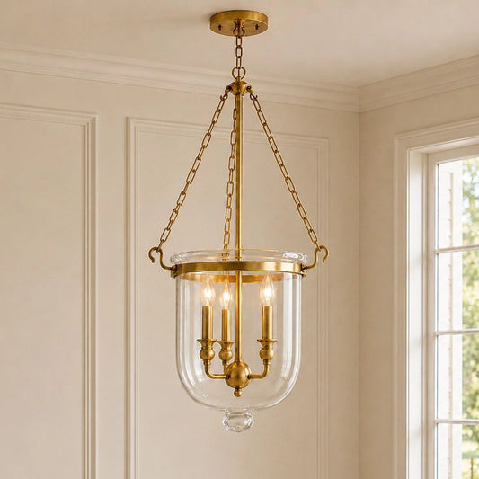 Traditional 3-Light Clear Glass Bell Jar Pendant Light in Antique Brass