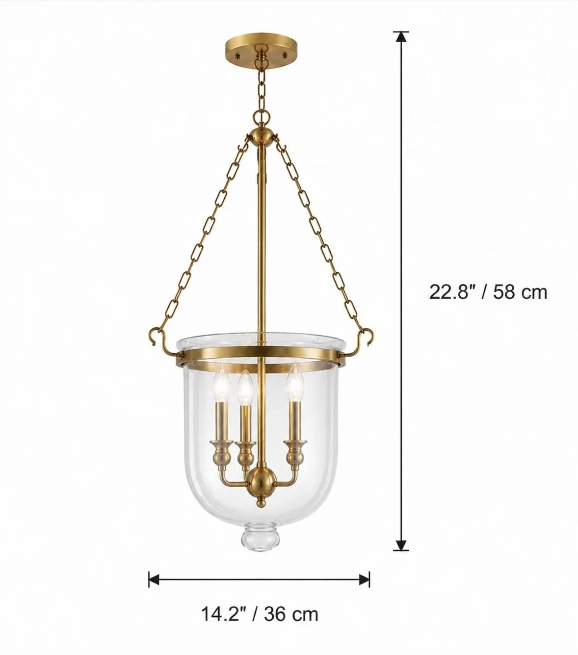 Traditional 3-Light Clear Glass Bell Jar Pendant Light in Antique Brass