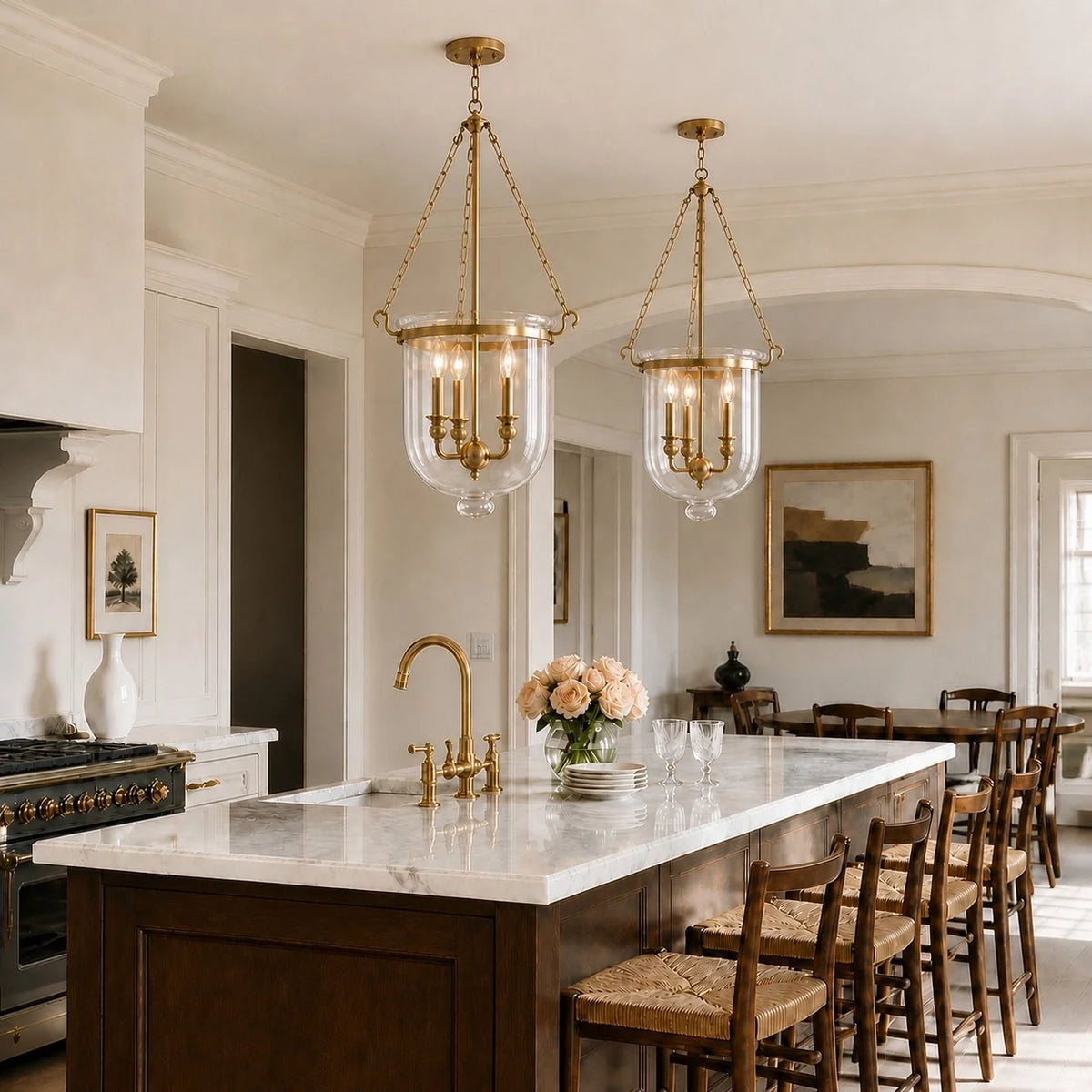 Traditional 3-Light Clear Glass Bell Jar Pendant Light in Antique Brass