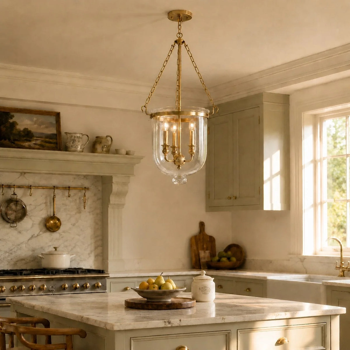 Traditional 3-Light Clear Glass Bell Jar Pendant Light in Antique Brass