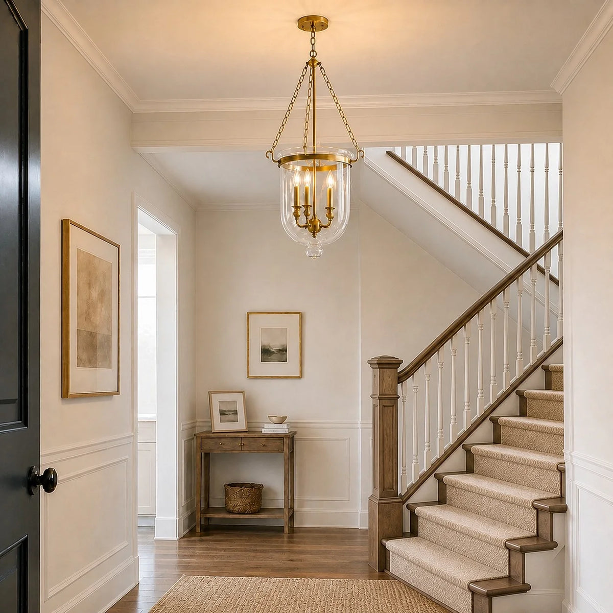 Traditional 3-Light Clear Glass Bell Jar Pendant Light in Antique Brass
