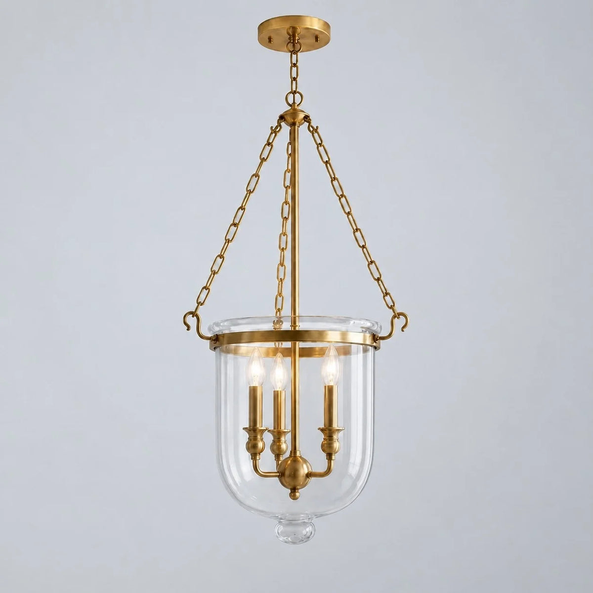 Traditional 3-Light Clear Glass Bell Jar Pendant Light in Antique Brass