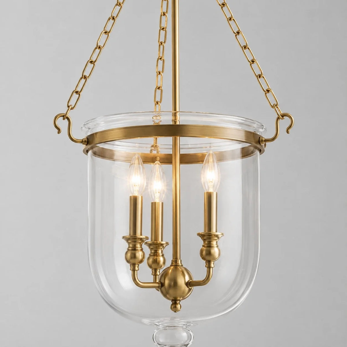 Traditional 3-Light Clear Glass Bell Jar Pendant Light in Antique Brass
