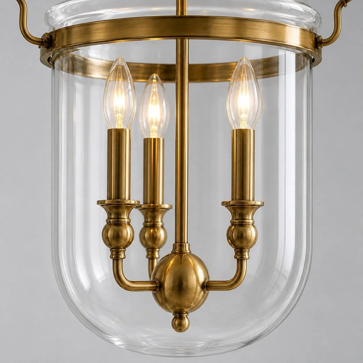 Traditional 3-Light Clear Glass Bell Jar Pendant Light in Antique Brass