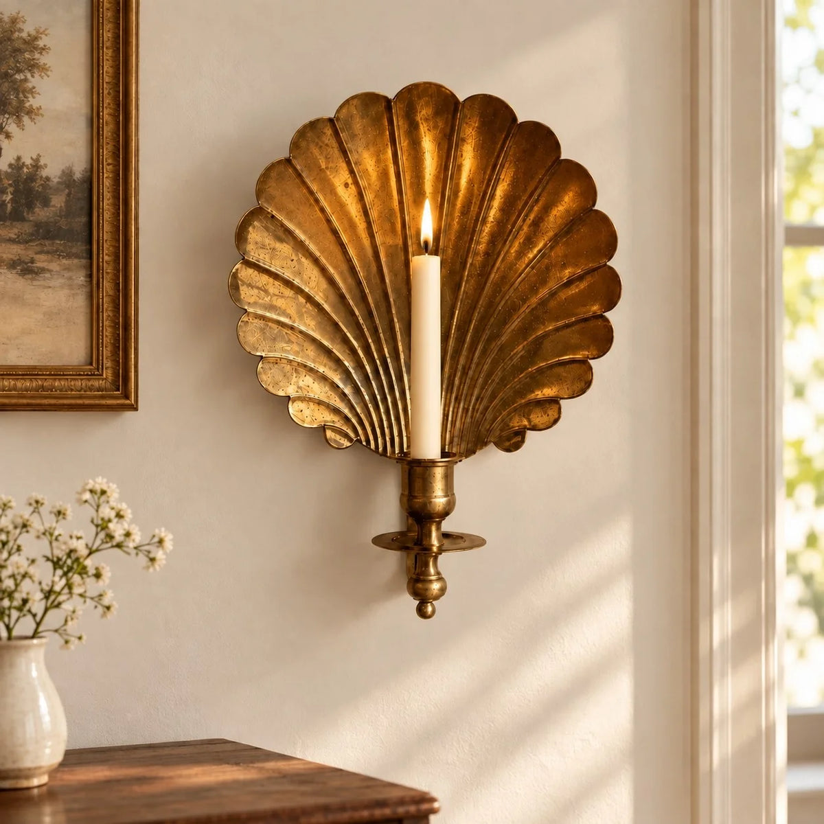 Vintage Antique Brass Shell Candlestick Lamp Base