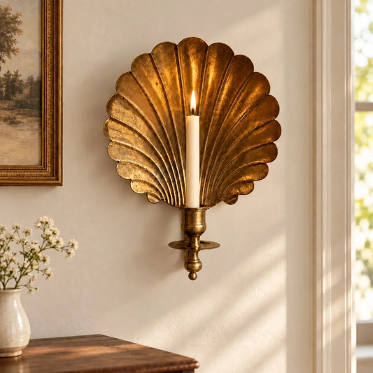 Vintage Antique Brass Shell Candlestick Lamp Base
