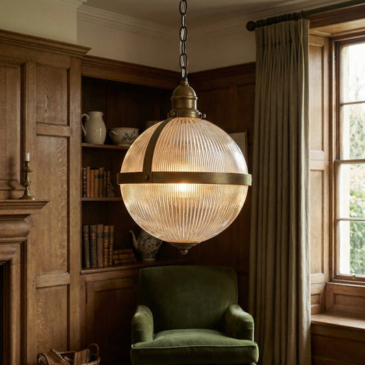 Vintage Brass Glass Globe Pendant Light with Chain