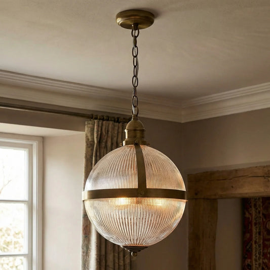 Vintage Brass Glass Globe Pendant Light with Chain