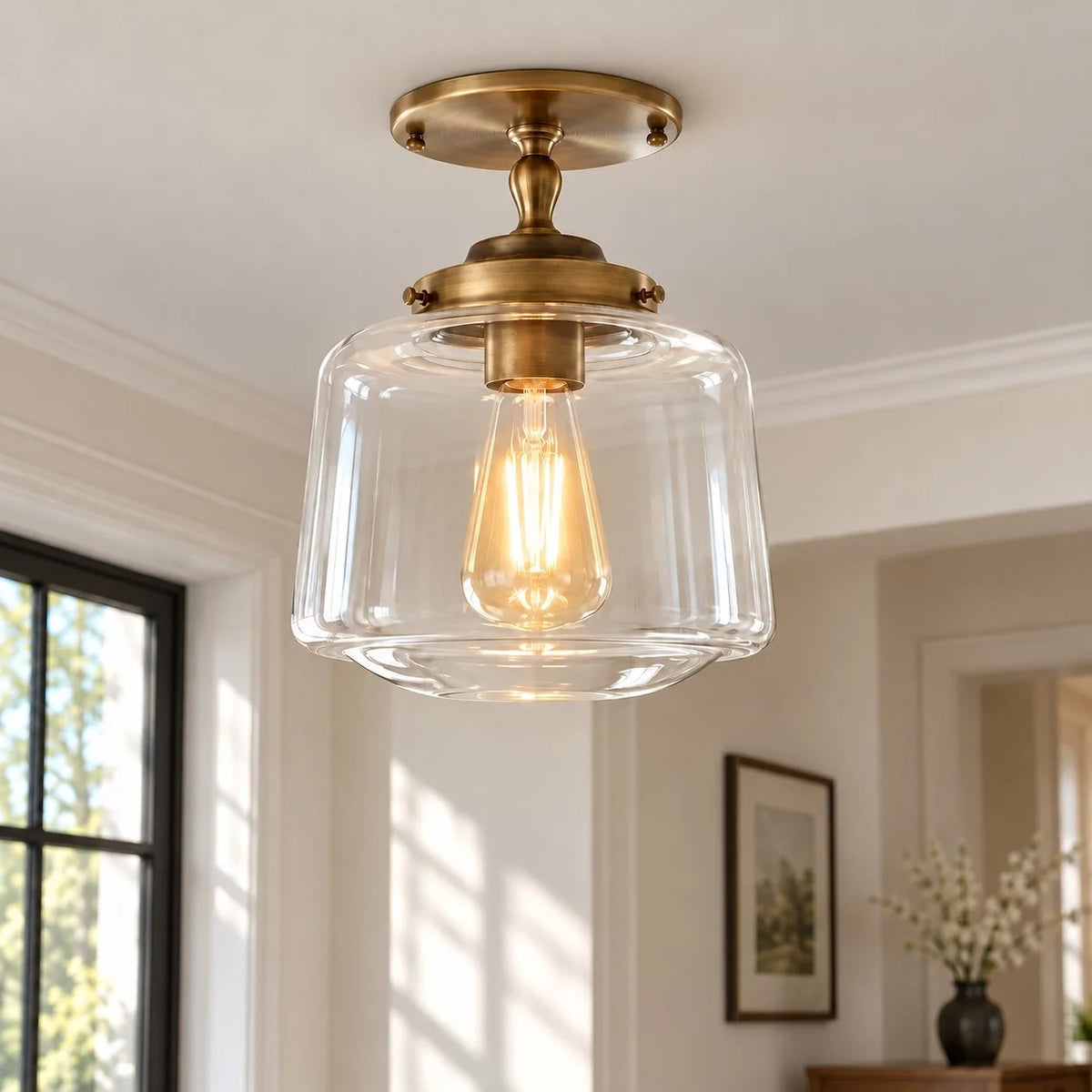 Vintage Brass Glass Schoolhouse Semi Flush Ceiling Light