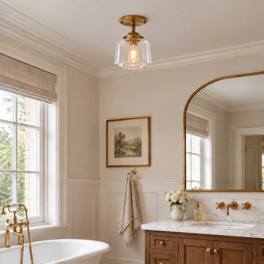 Vintage Brass Glass Schoolhouse Semi Flush Ceiling Light