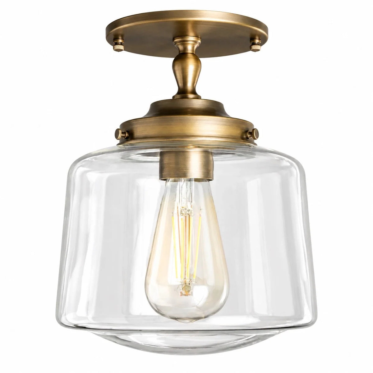 Vintage Brass Glass Schoolhouse Semi Flush Ceiling Light