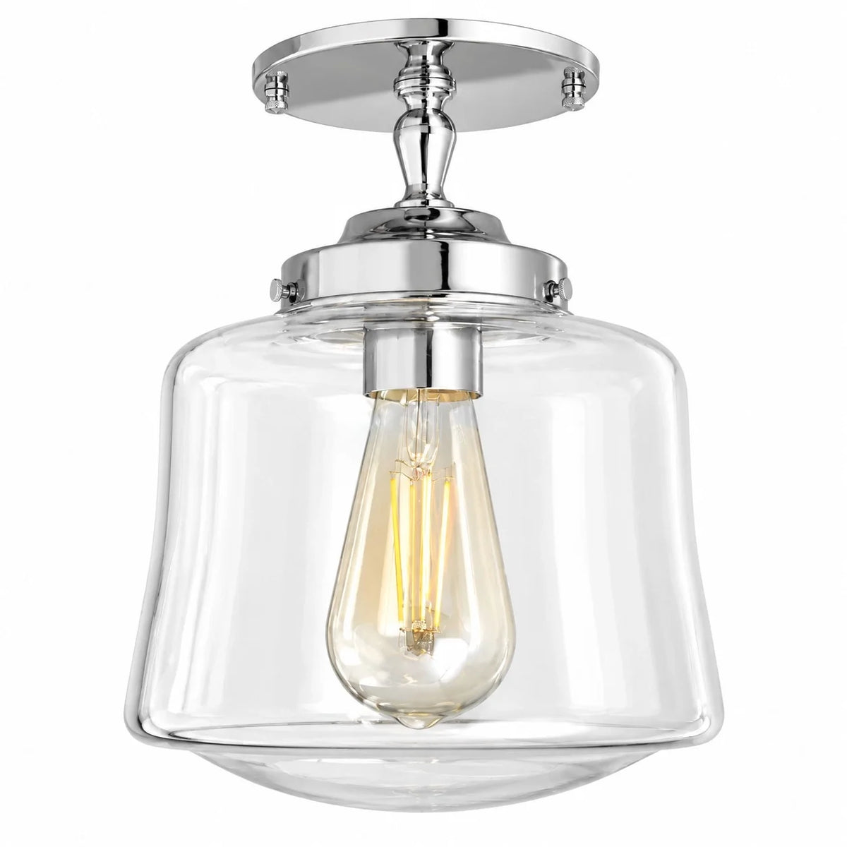 Vintage Brass Glass Schoolhouse Semi Flush Ceiling Light
