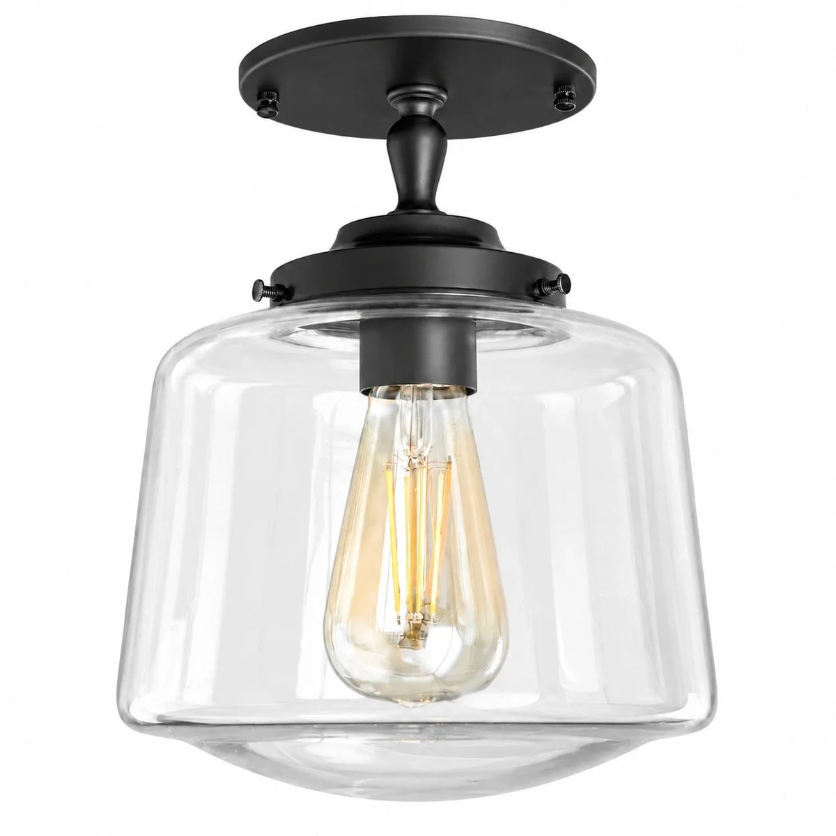 Vintage Brass Glass Schoolhouse Semi Flush Ceiling Light